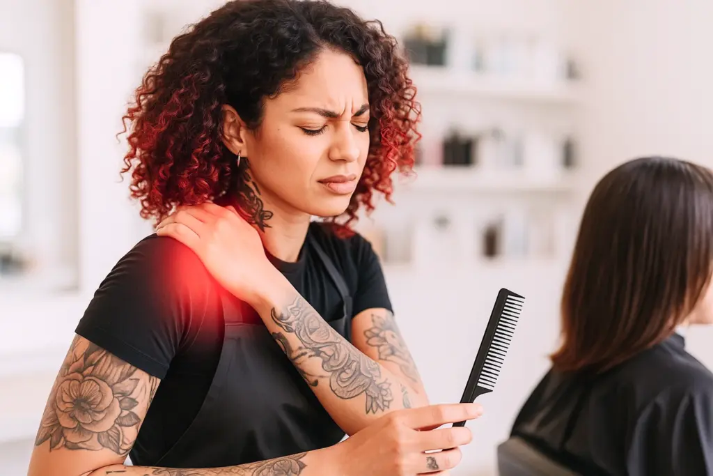 Coiffeuse avec douleur à l'épaule, tenant un peigne.