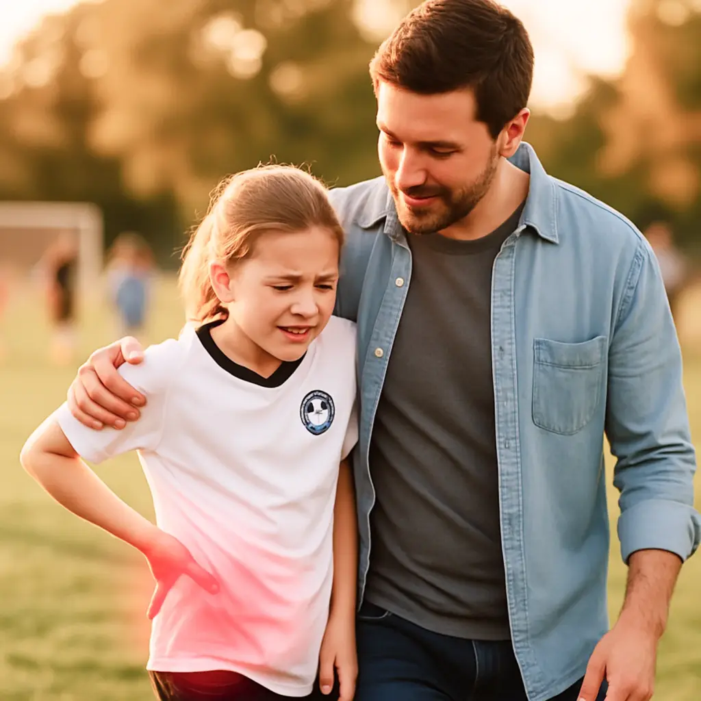 Enfant blessée soutenue par son père sur le terrain de soccer.