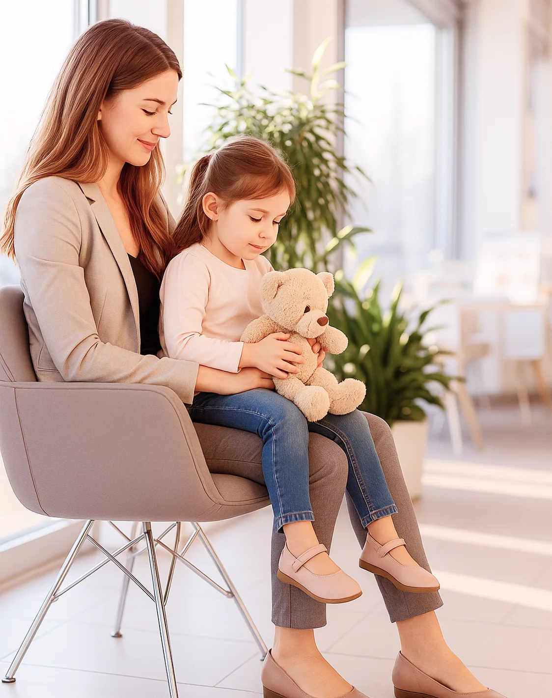 Femme et enfant avec ours en peluche.
