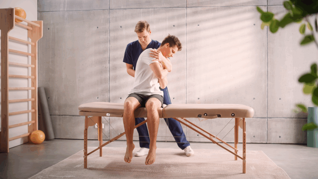 Chiropraticien aidant une personne en séance de rééducation.