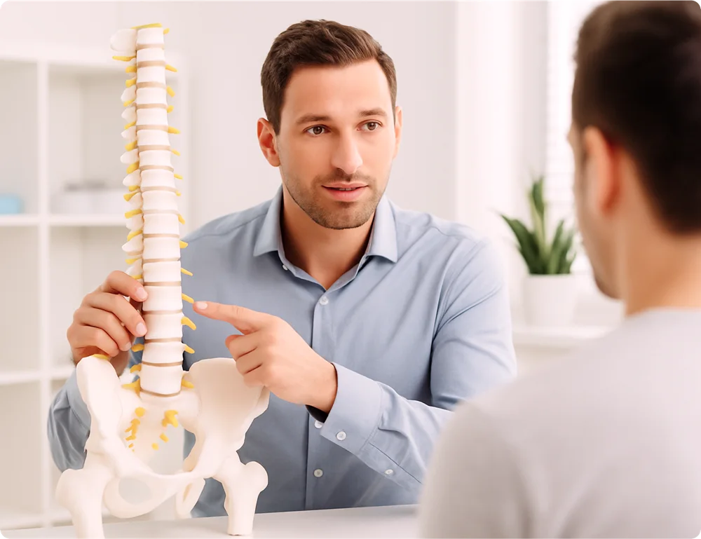 Spécialiste explique colonne vertébrale avec modèle anatomique.