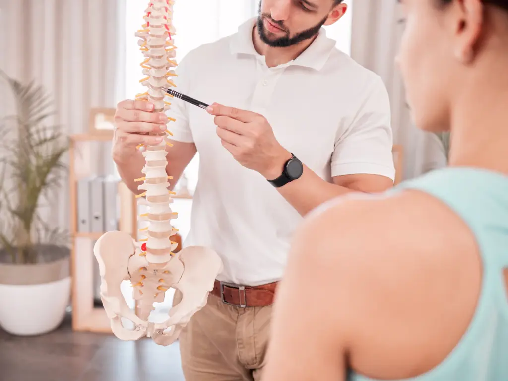 Médecin expliquant modèle anatomique de la colonne vertébrale.