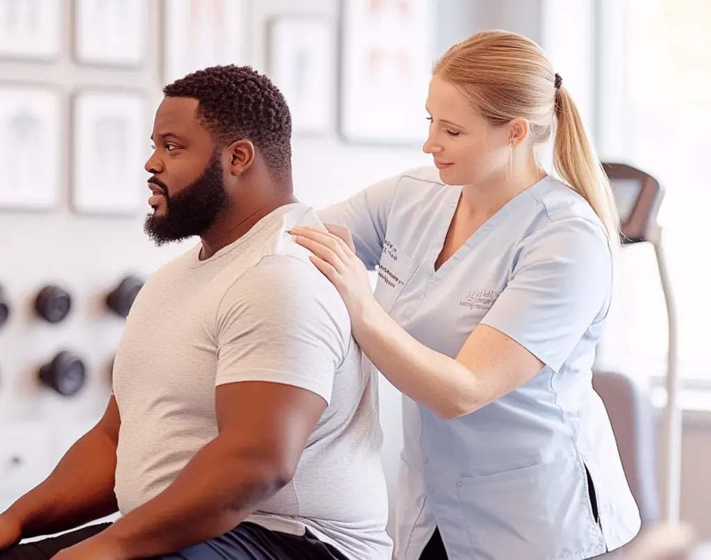 Médecin expliquant modèle anatomique de la colonne vertébrale.