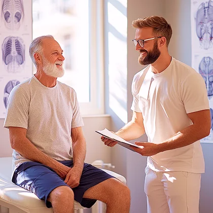 Consultation médicale entre chirothérapeute et patient souriant.