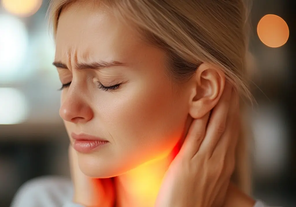 Femme souffrant de douleur au cou.