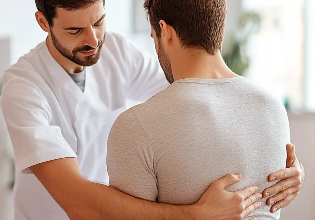 Kinésithérapeute manipulant le dos d'un patient.