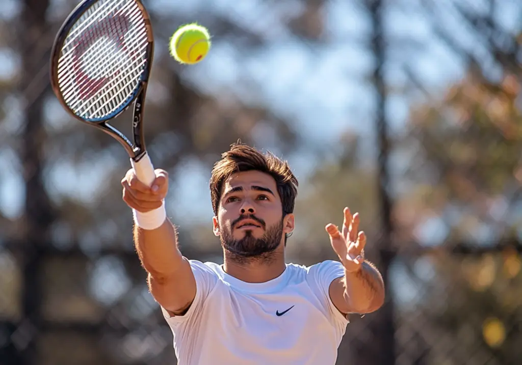 Joueur de tennis réalisant un service en extérieur.